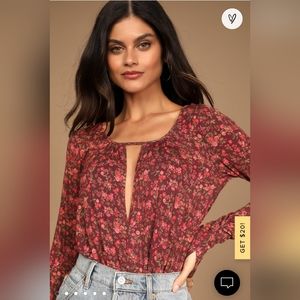 Free People Kaya Brown Floral Print Long Sleeve Bodysuit XS